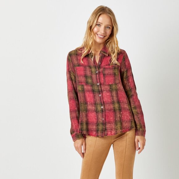 MYSTREE Plaid Button-Up Flannel Shirt, Red Olive Check Long Sleeve Top - Picture 3 of 8